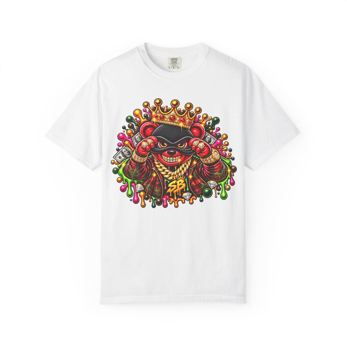 Unisex Garment-Dyed T-shirt-RED&GOLD CROWN MASK LOGO MONEY GLOCK -SCUMMIEBEARZ™