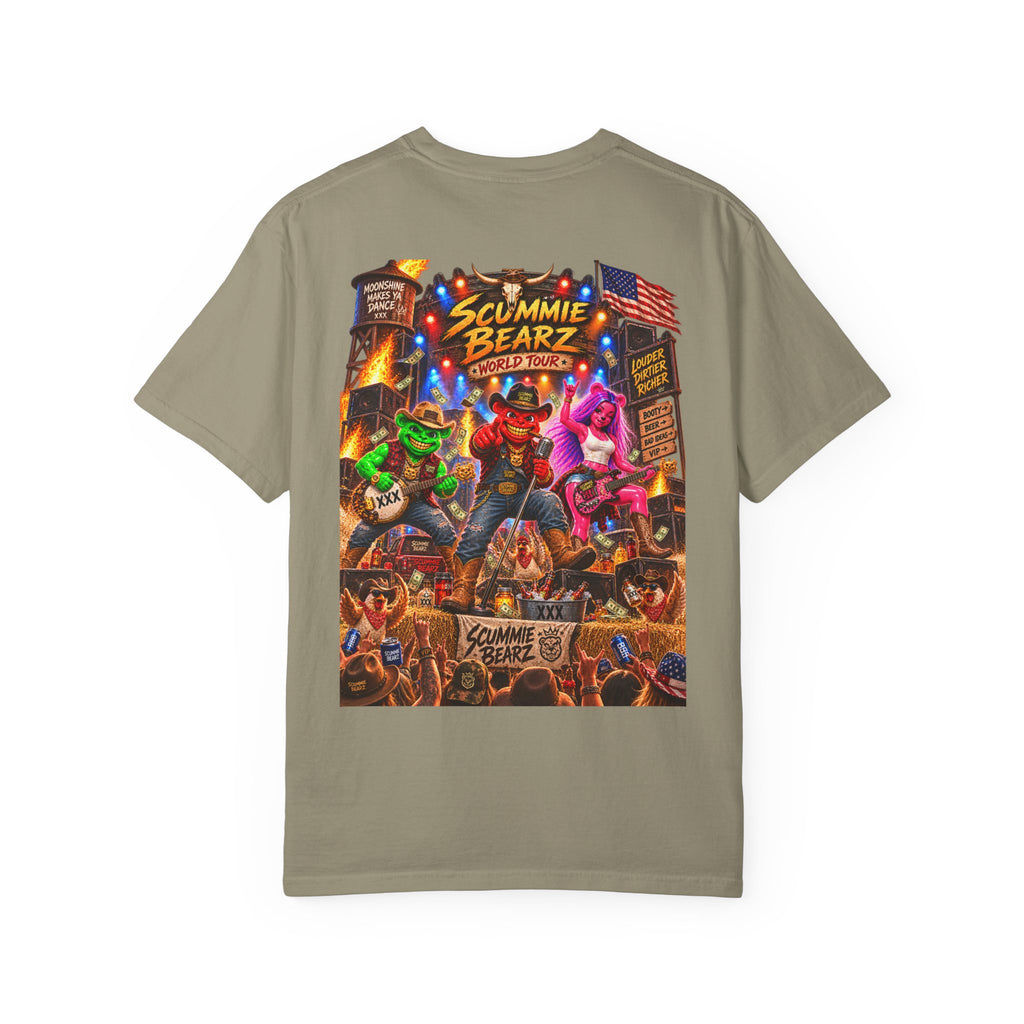 Unisex Garment-Dyed T-shirt--HILLBILLY WORLD TOUR/CROWN SB LOGO-SCUMMIEBEARZ™️