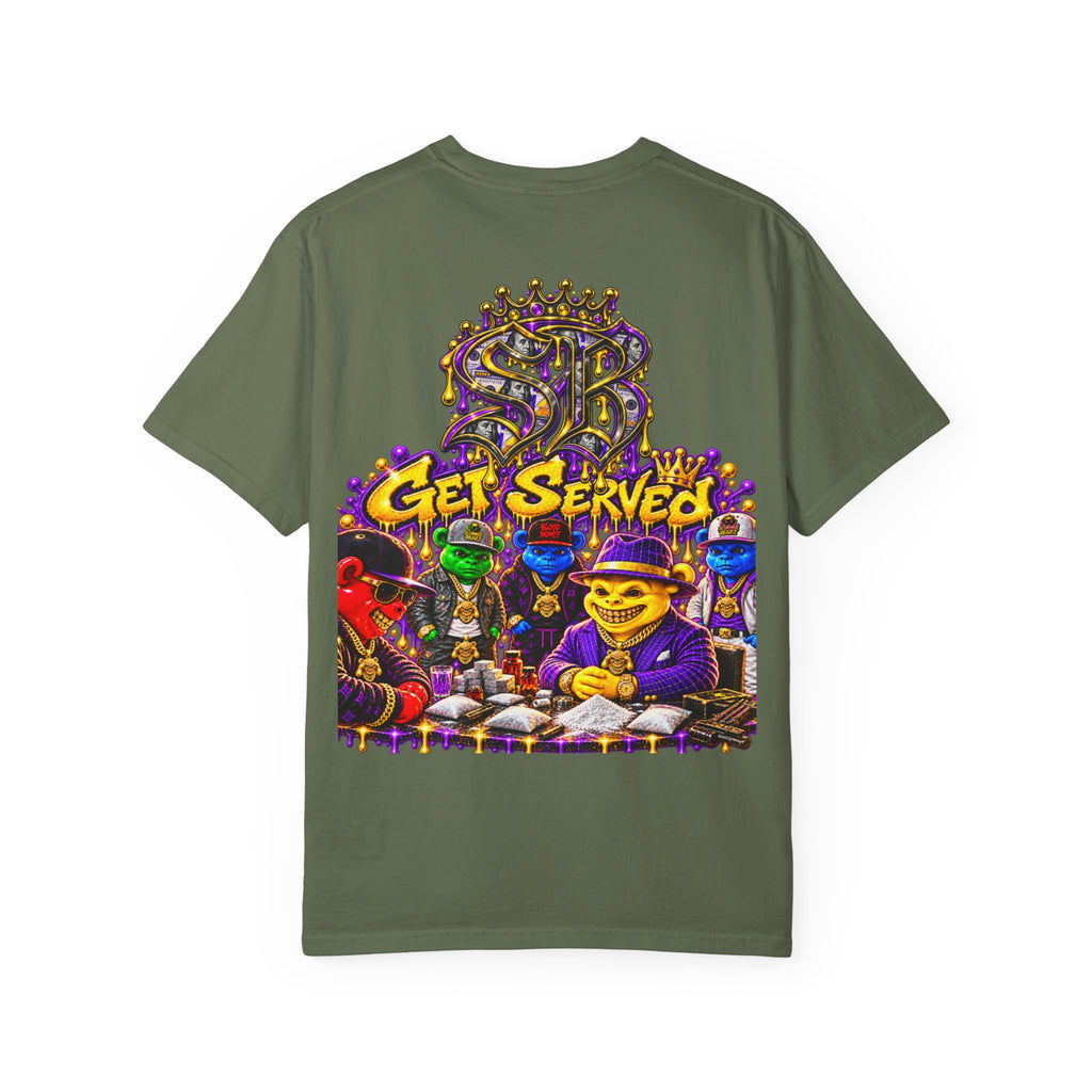 Unisex Garment-Dyed T-shirt-PURPLE&GOLD CROWN MASK LOGO GET SERVED CROWN SB LOGO-SCUMMIEBEARZ™