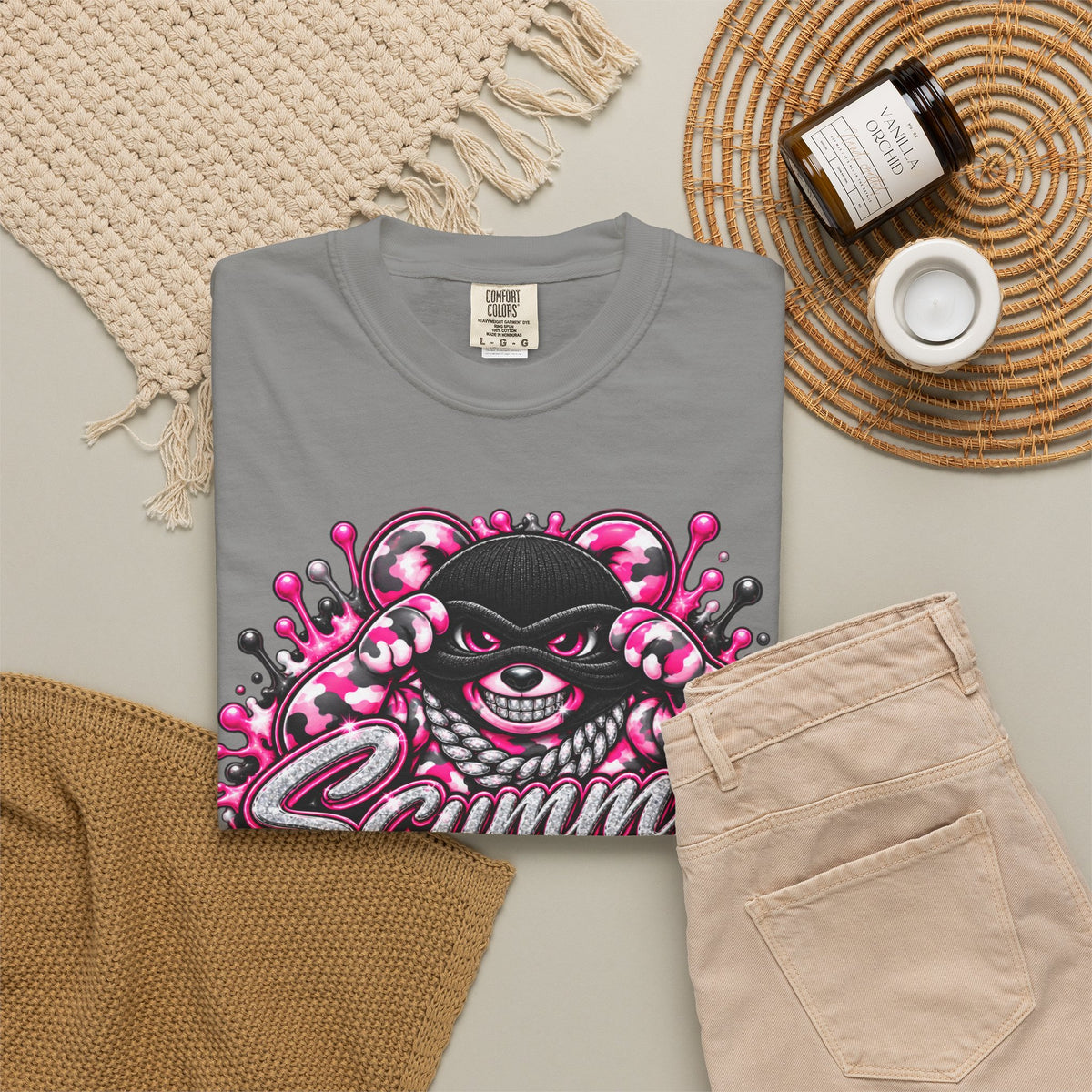 Unisex Garment-Dyed T-shirt-PINK CAMO MASK LOGO GLOCK -SCUMMIEBEARZ™