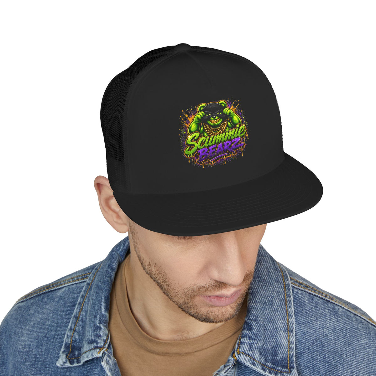 5 Panel Trucker Cap-GREEN/PURPLE MASK LOGO-SCUMMIEBEARZ™