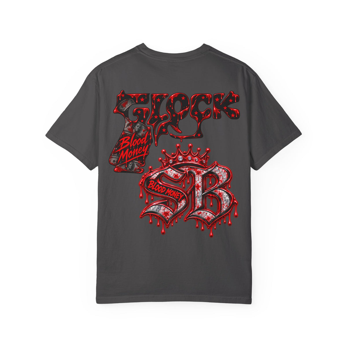 Unisex Garment-Dyed T-SHIRT-BLOOD MONEY GLOCK/SB LOGO/MASK LOGO-SCUMMIEBEARZ™