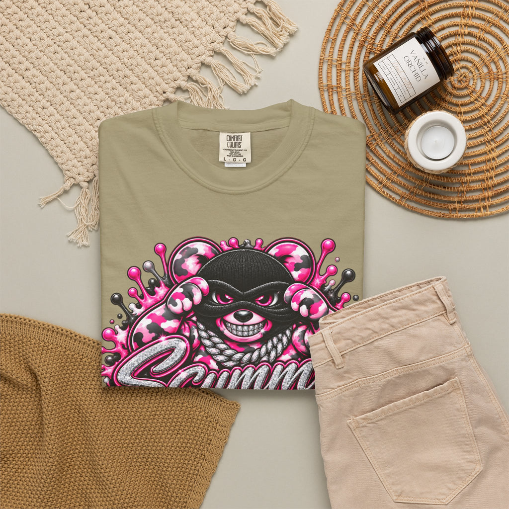 Unisex Garment-Dyed T-shirt-PINK CAMO MASK LOGO GLOCK -SCUMMIEBEARZ™