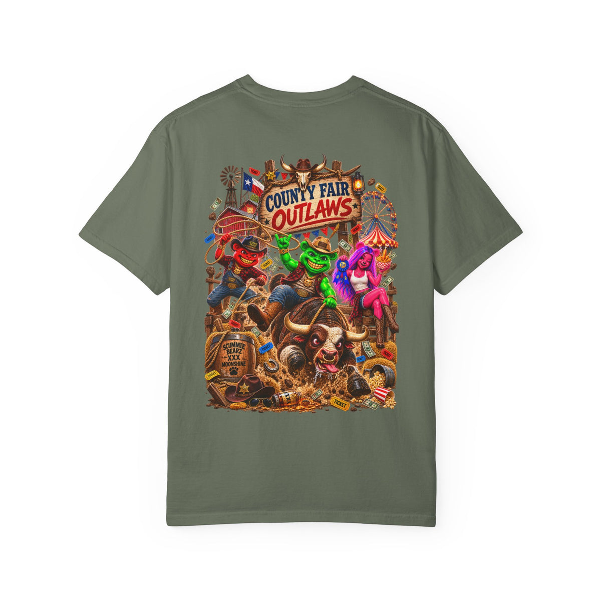 Unisex Garment-Dyed T-shirt--HILLBILLY COUNTY FAIR OUTLAWS/CROWN SB LOGO-SCUMMIEBEARZ™️