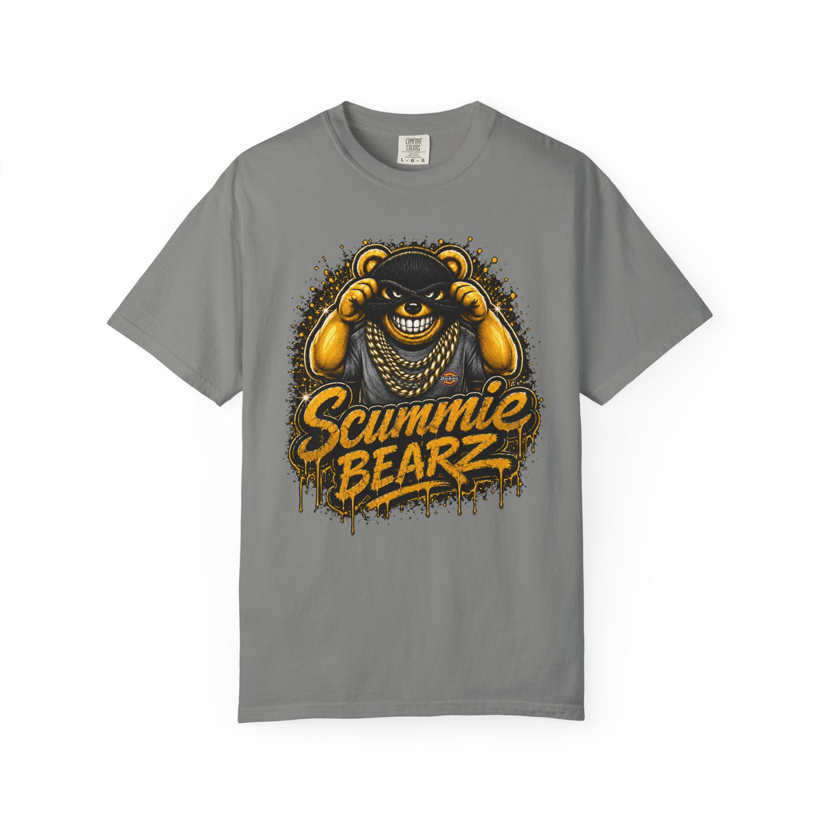 Unisex Garment-Dyed T-shirt-GOLD MASK LOGO & BANK HEIST GRAPHIC DESIGN -SCUMMIEBEARZ™