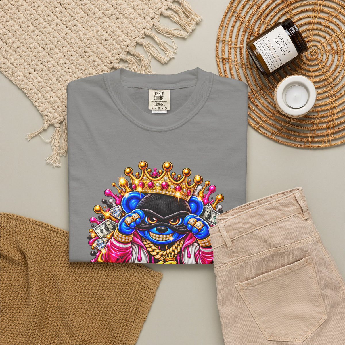 Unisex Garment-Dyed T-shirt-BLUE&PINK CROWN MASK LOGO PRAY BIG -SCUMMIEBEARZ™