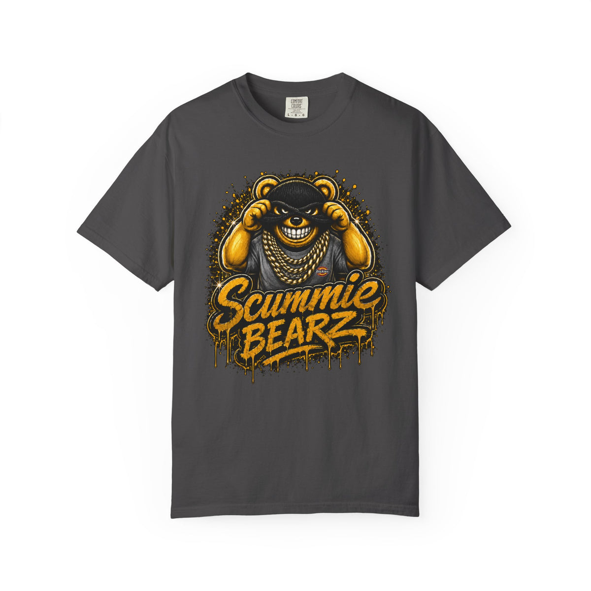 Unisex Garment-Dyed T-shirt-GOLD MASK LOGO & BANK HEIST GRAPHIC DESIGN -SCUMMIEBEARZ™