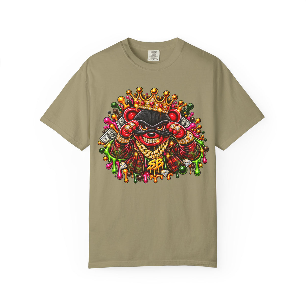 Unisex Garment-Dyed T-shirt-RED&GOLD CROWN MASK LOGO MONEY GLOCK -SCUMMIEBEARZ™