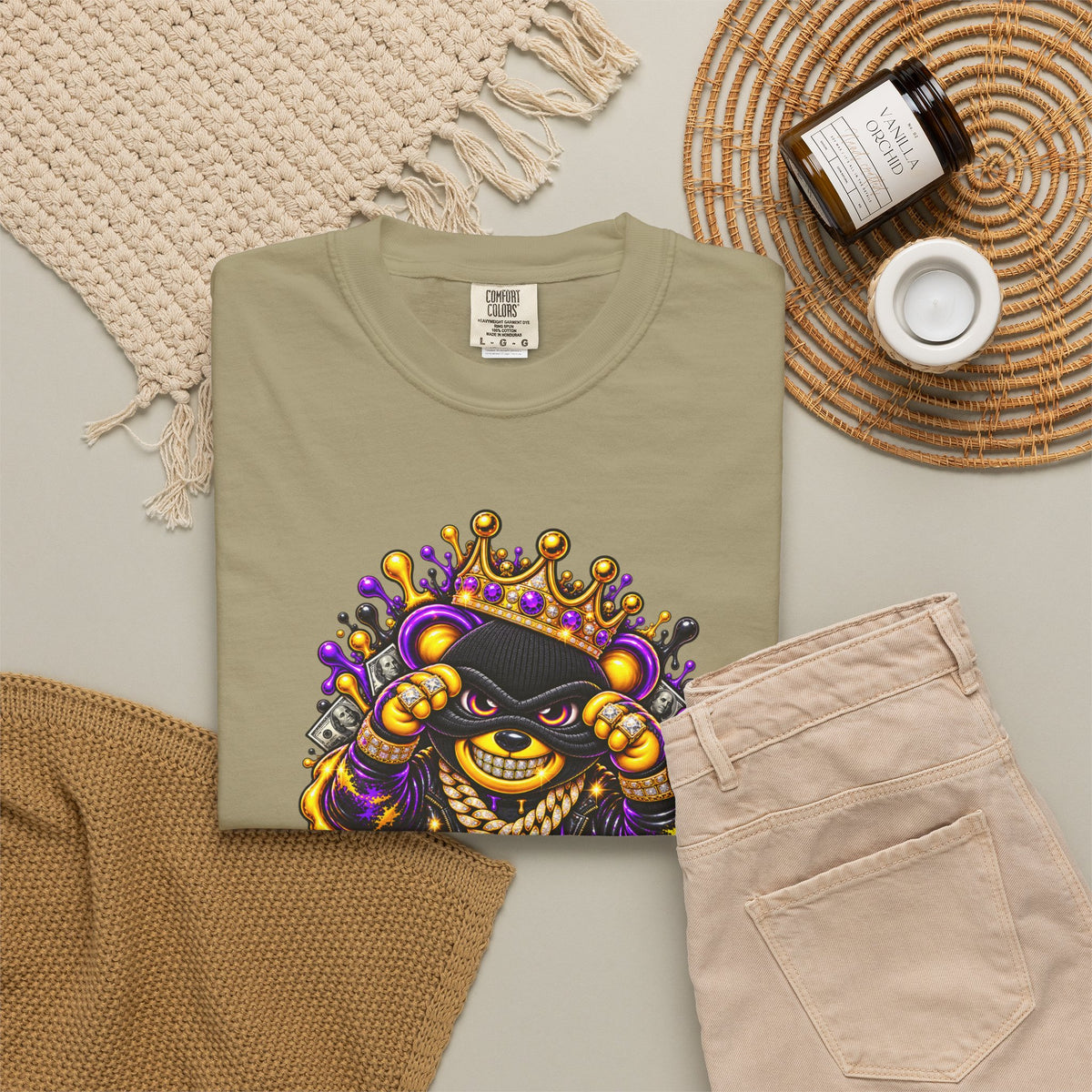 Unisex Garment-Dyed T-shirt-PURPLE&GOLD CROWN MASK LOGO GET SERVED CROWN SB LOGO-SCUMMIEBEARZ™