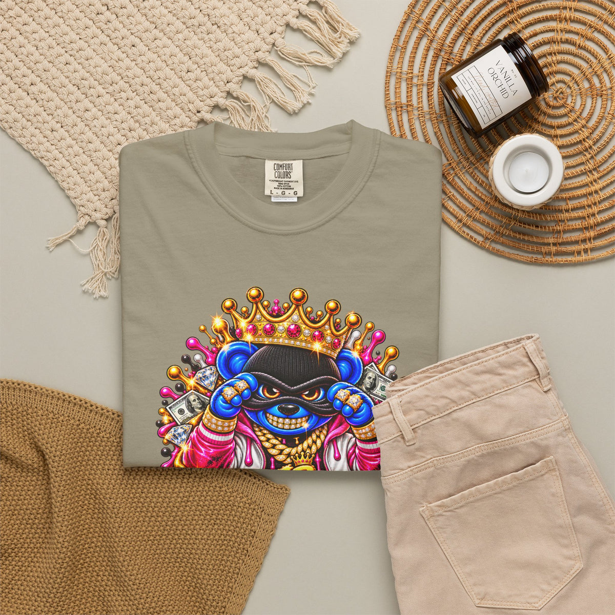 Unisex Garment-Dyed T-shirt-BLUE&PINK CROWN MASK LOGO PRAY BIG -SCUMMIEBEARZ™