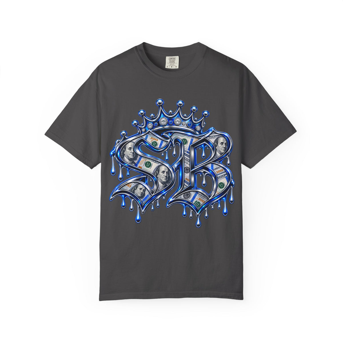 Unisex Garment-Dyed T-shirt-BLUE CROWN MASK LOGO PAPER CHASER MONEY IS THE MOTIVE-SCUMMIEBEARZ™