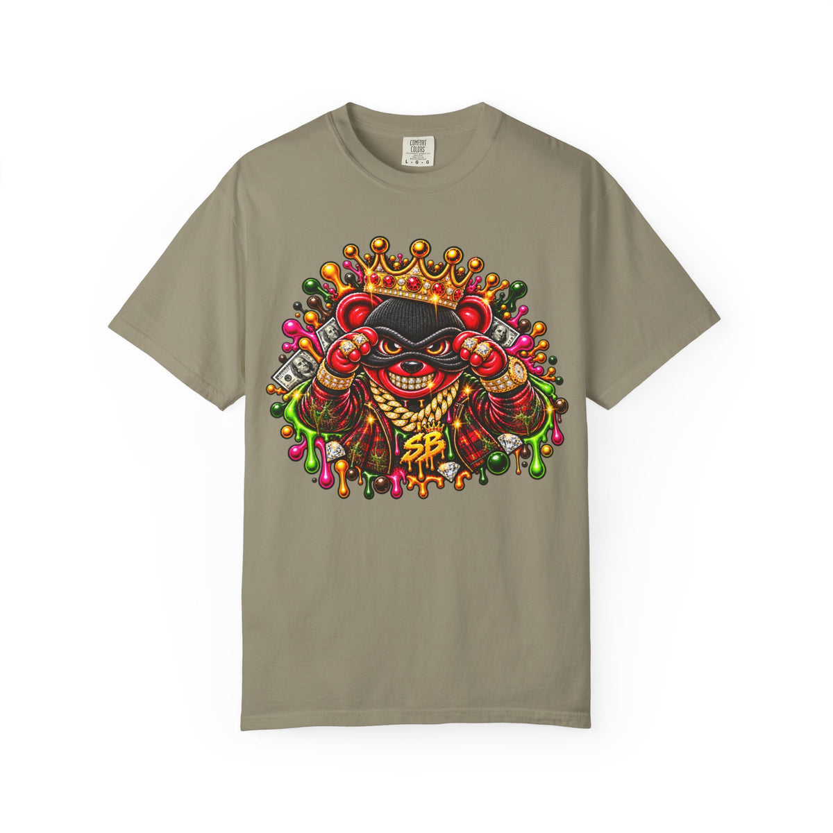 Unisex Garment-Dyed T-shirt-RED&GOLD CROWN MASK LOGO MONEY GLOCK -SCUMMIEBEARZ™