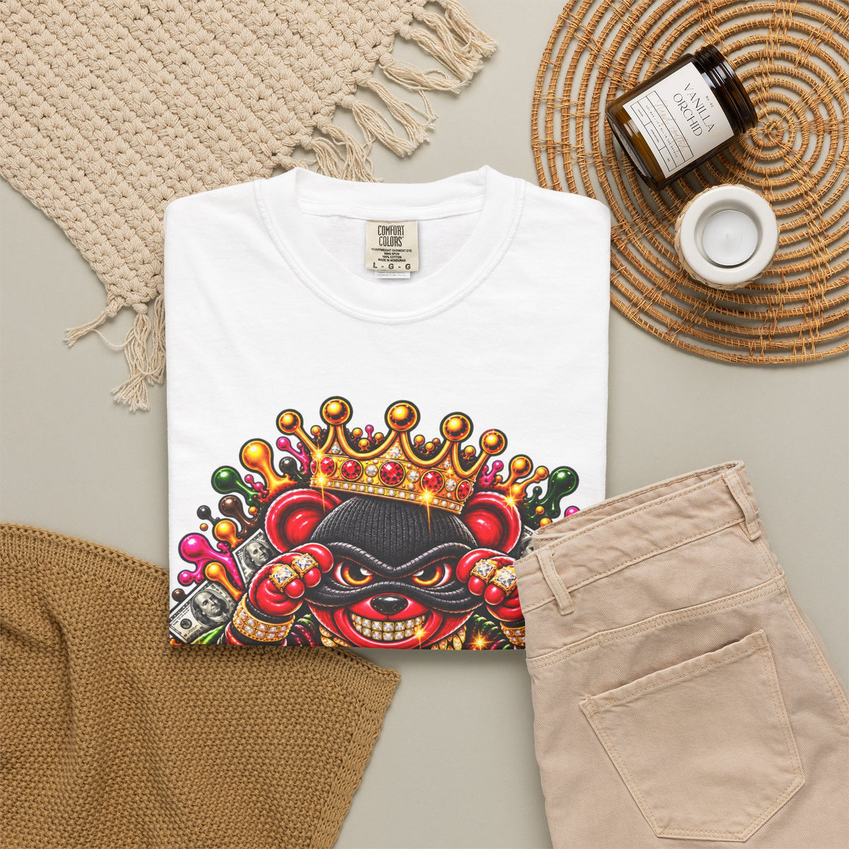 Unisex Garment-Dyed T-shirt-RED&GOLD CROWN MASK LOGO MONEY GLOCK -SCUMMIEBEARZ™