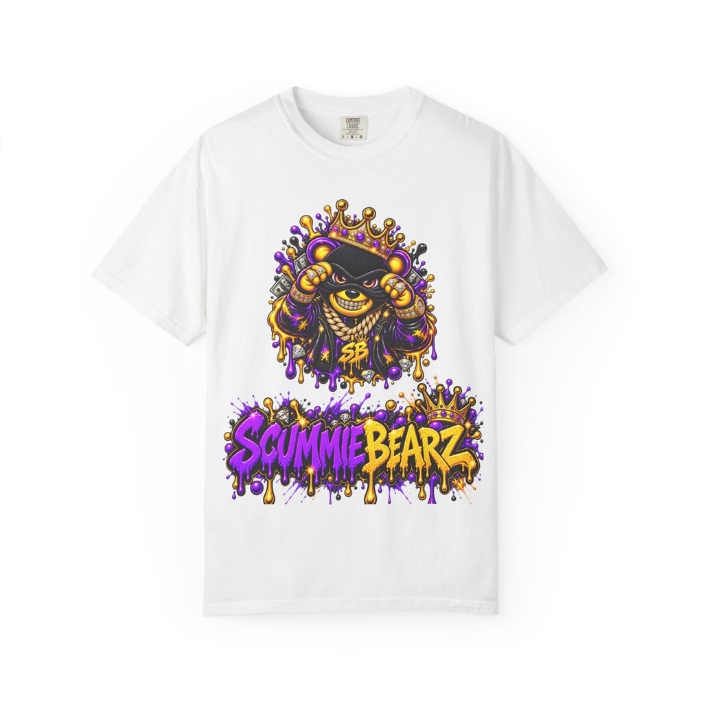 Unisex Garment-Dyed T-shirt-PURPLE&GOLD CROWN MASK LOGO GET SERVED CROWN SB LOGO-SCUMMIEBEARZ™
