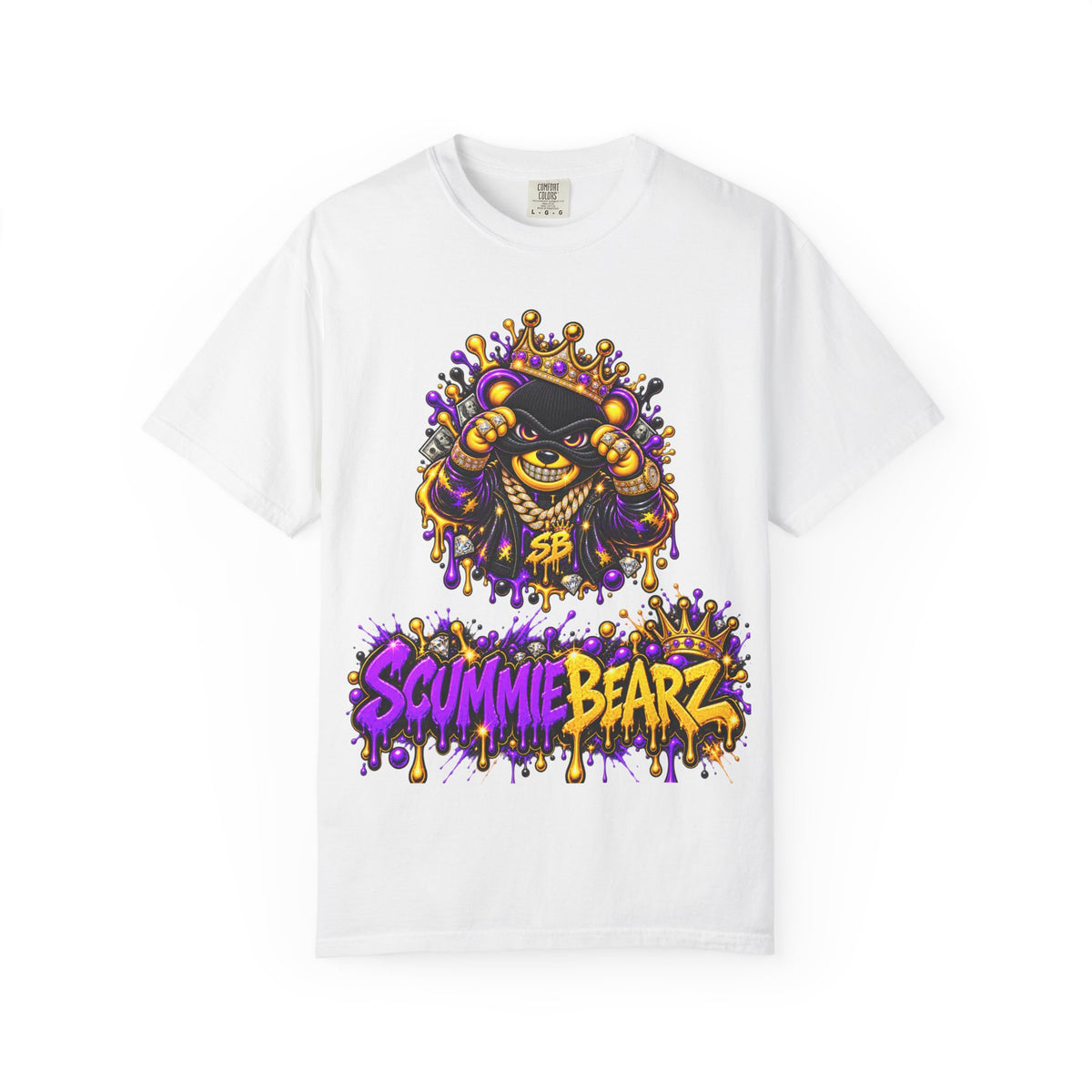 Unisex Garment-Dyed T-shirt-PURPLE&GOLD CROWN MASK LOGO GET SERVED CROWN SB LOGO-SCUMMIEBEARZ™