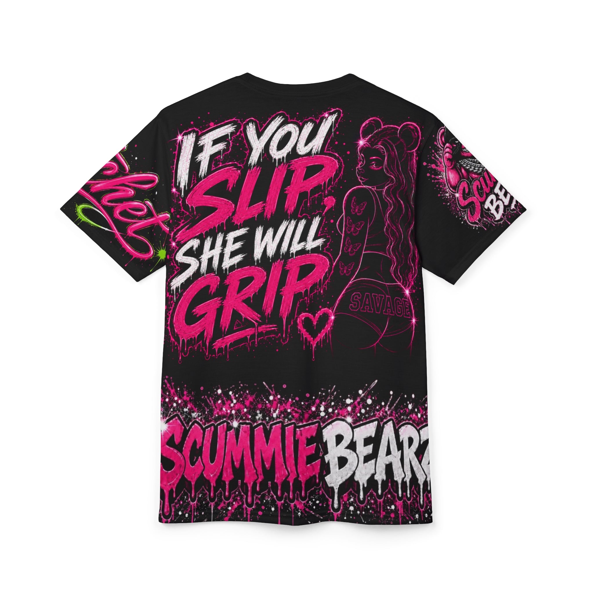 SCUMMIEBEARZ SEXY BUT SAVAGE IF YOU SLIP SHE WILL GRIP PINK AOP EDITION Unisex Women’s Streetwear Tee