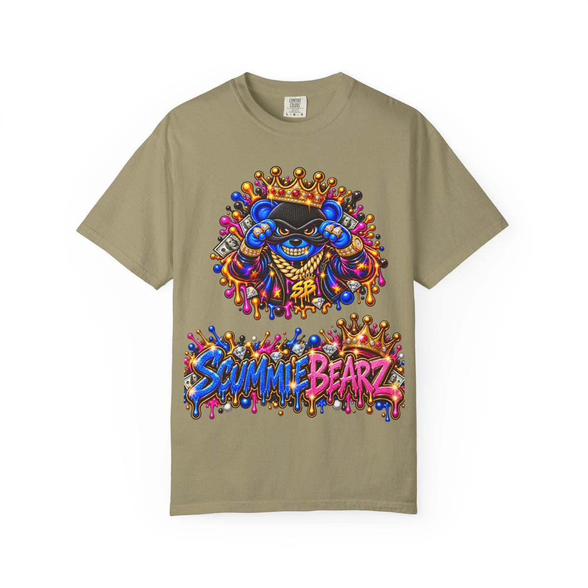 Unisex Garment-Dyed T-shirt-BLUE&PINK CROWN MASK LOGO MONEY GLOCK CROWN SB LOGO-SCUMMIEBEARZ™