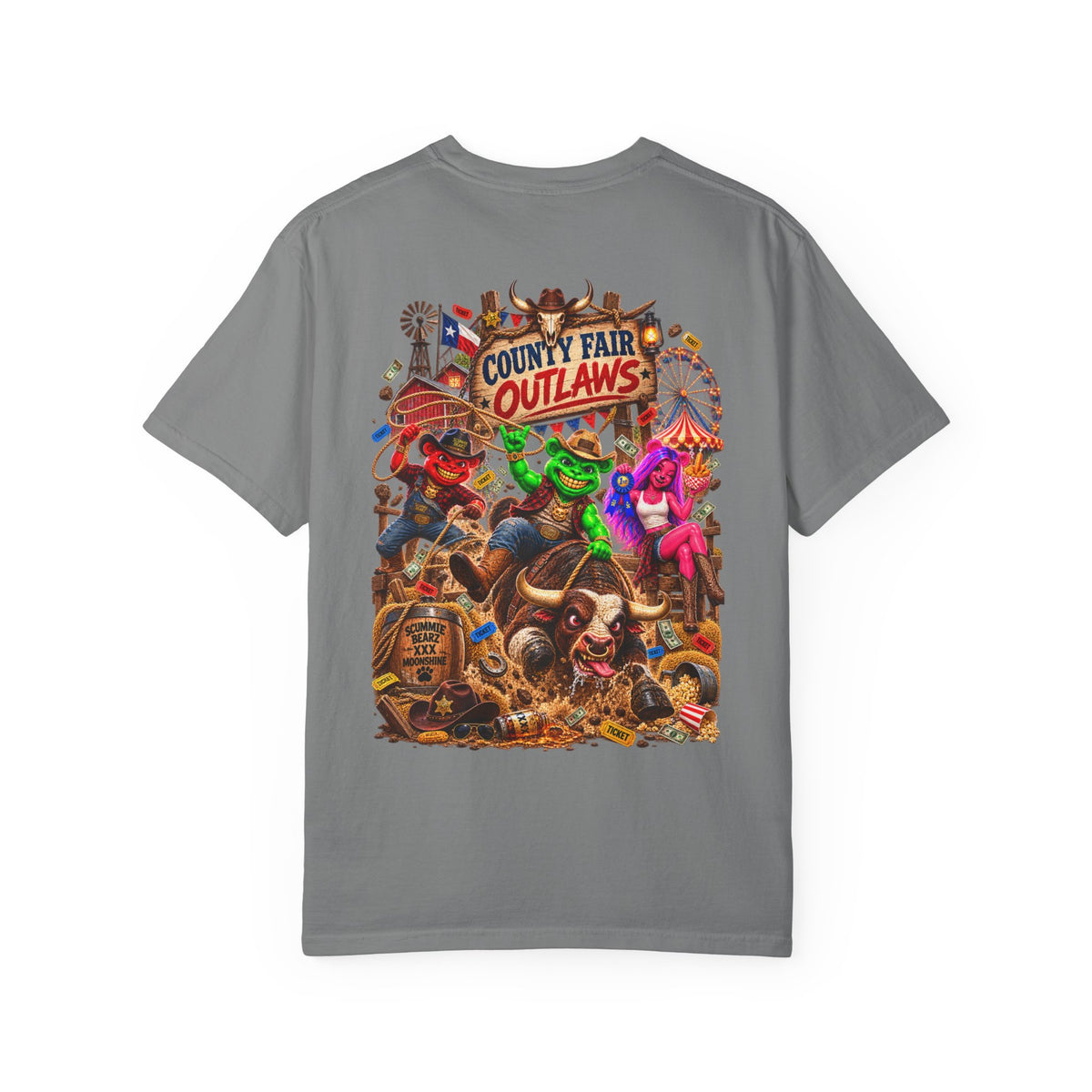 Unisex Garment-Dyed T-shirt--HILLBILLY COUNTY FAIR OUTLAWS/CROWN SB LOGO-SCUMMIEBEARZ™️