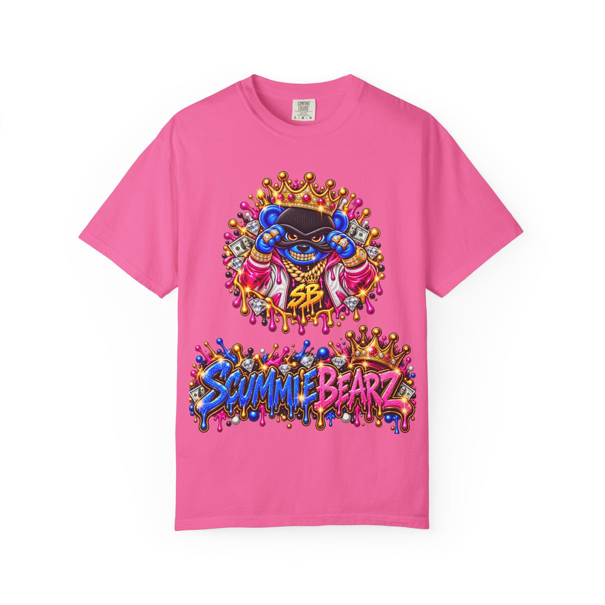 Unisex Garment-Dyed T-shirt-BLUE&PINK CROWN MASK LOGO PRAY BIG -SCUMMIEBEARZ™