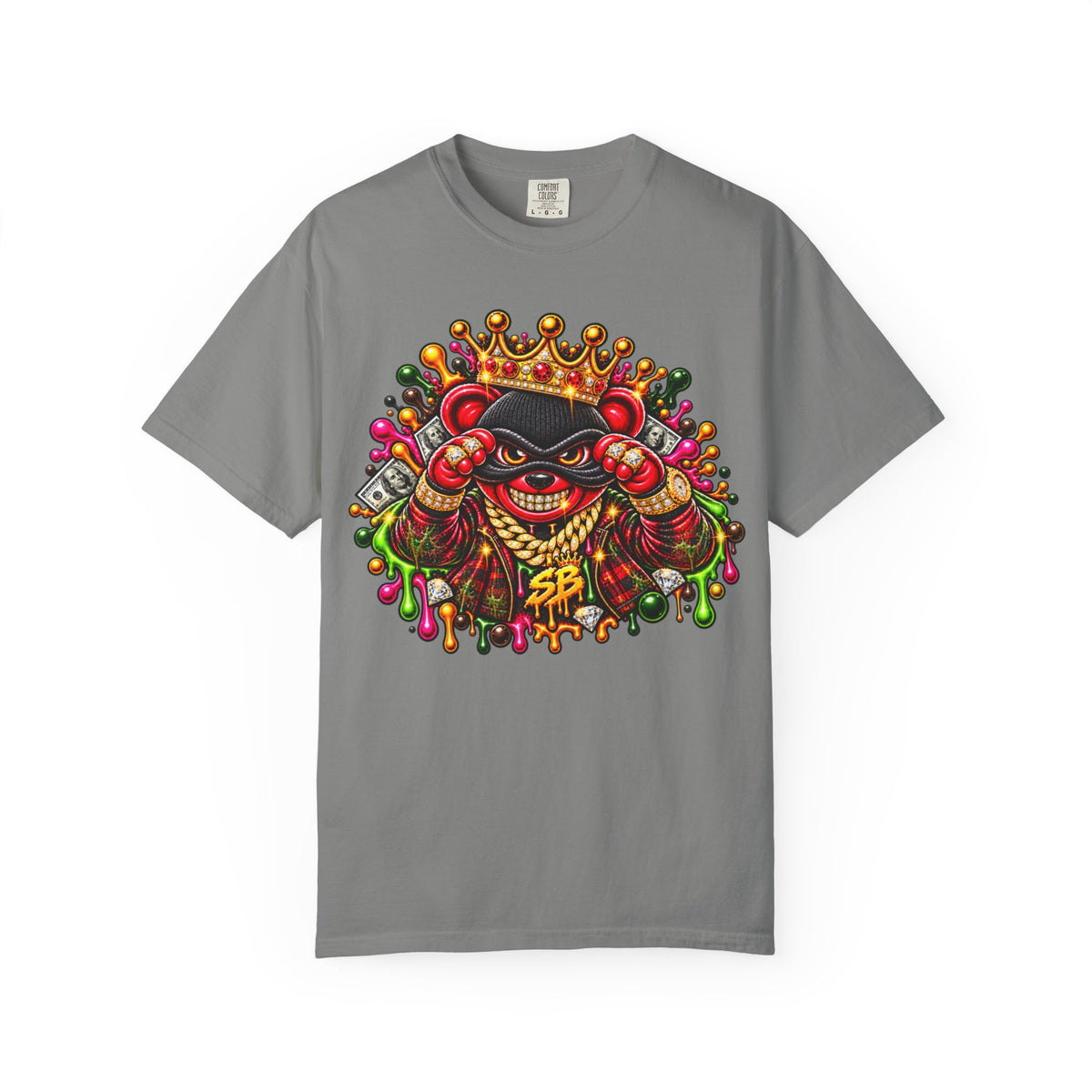Unisex Garment-Dyed T-shirt-RED&GOLD CROWN MASK LOGO MONEY GLOCK -SCUMMIEBEARZ™