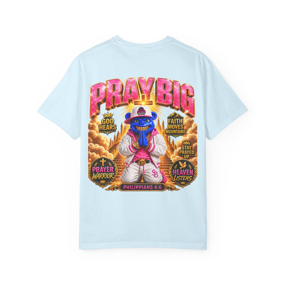 Unisex Garment-Dyed T-shirt-BLUE&PINK CROWN MASK LOGO PRAY BIG -SCUMMIEBEARZ™