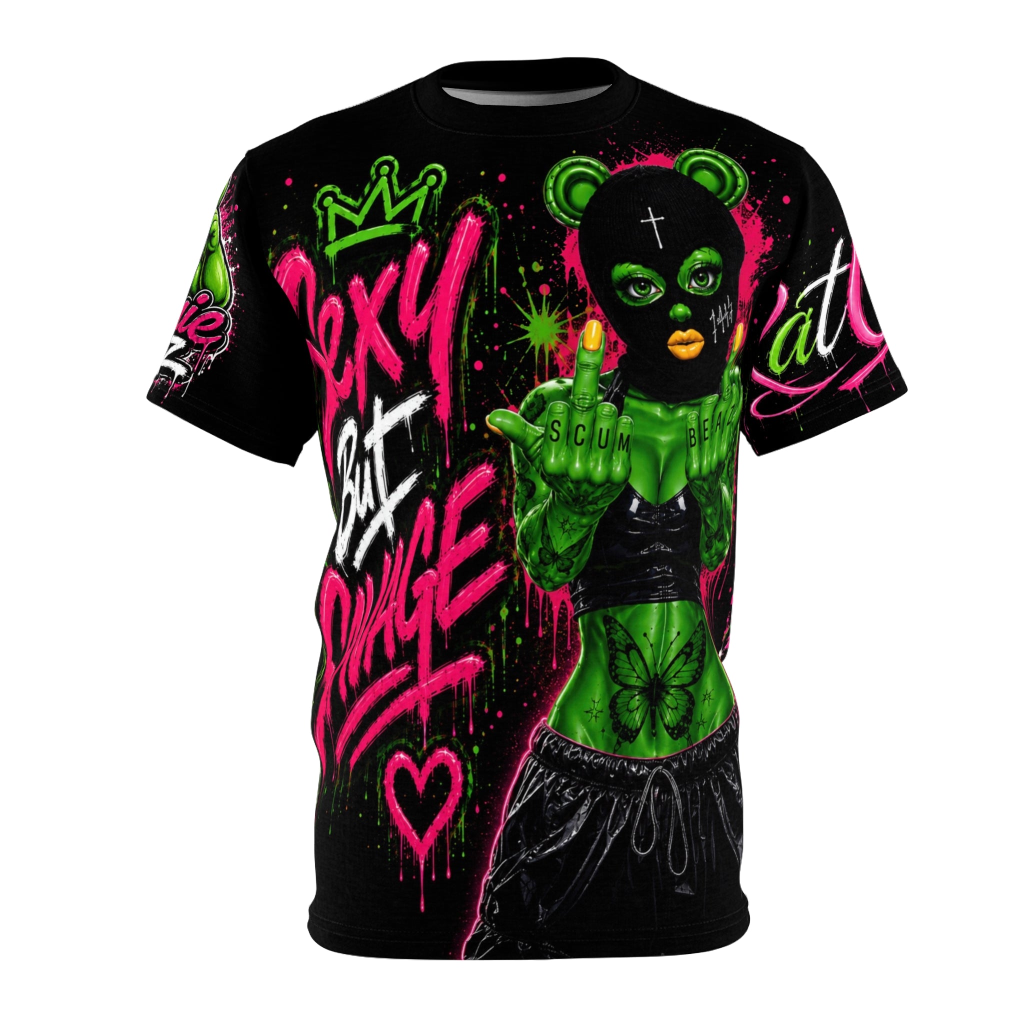 SCUMMIEBEARZ  SEXY BUT SAVAGE – IF YOU SLIP SHE WILL GRIP GREEN AOP EDITION Unisex Women’s Tee