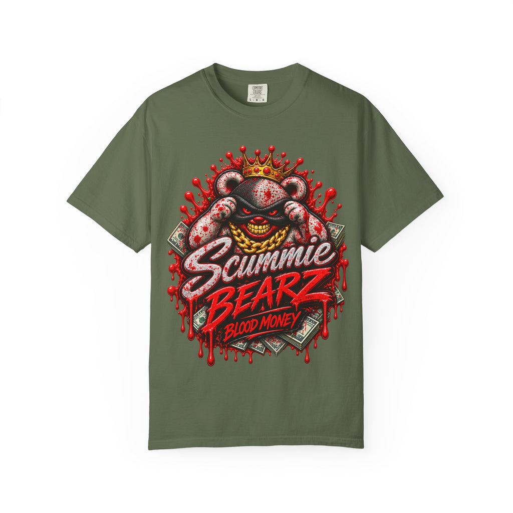 Unisex Garment-Dyed T-SHIRT-BLOOD MONEY GLOCK/SB LOGO/MASK LOGO-SCUMMIEBEARZ™