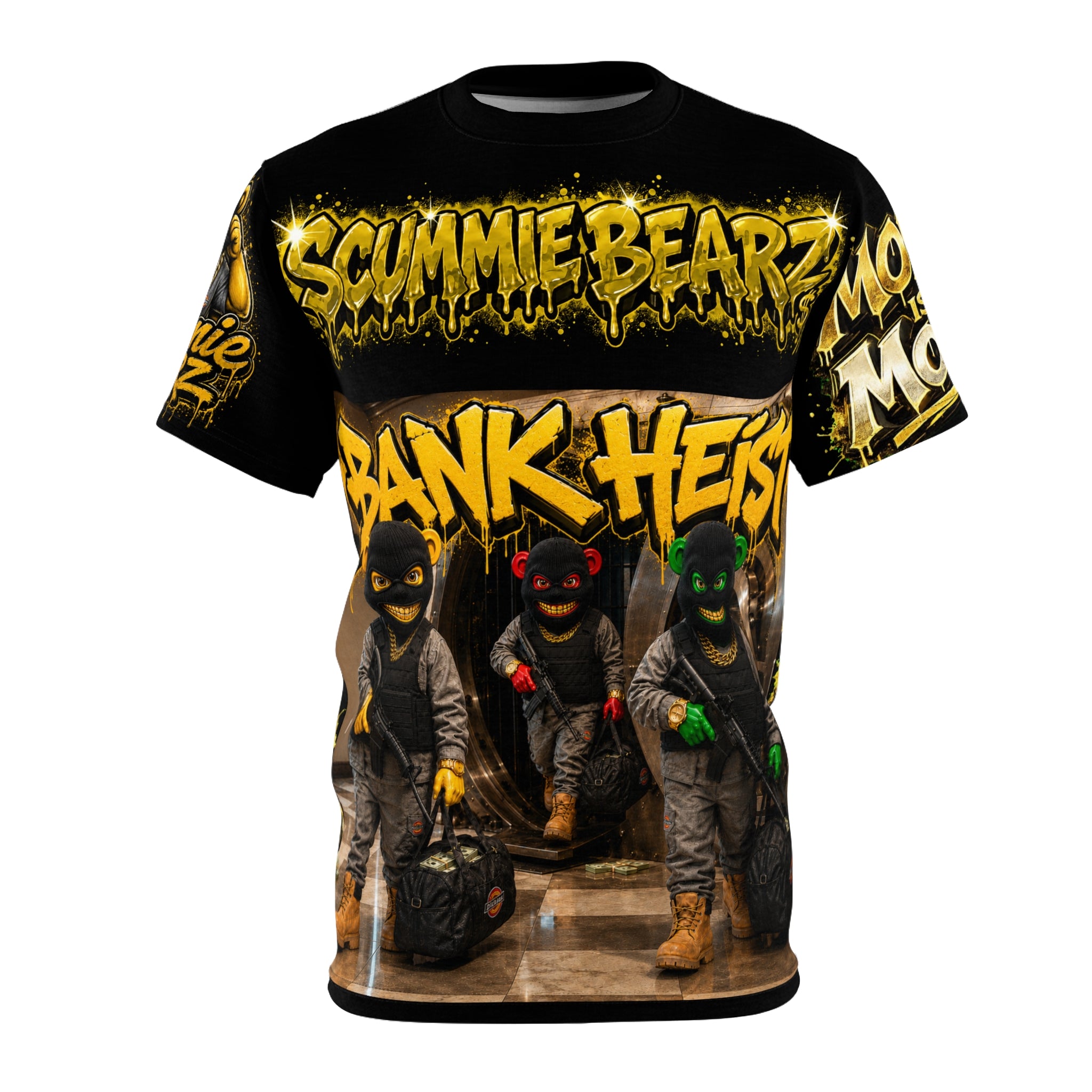 SCUMMIEBEARZ BANK HEIST — Money Is the Motive AOP Edition Unisex Streetwear Tee