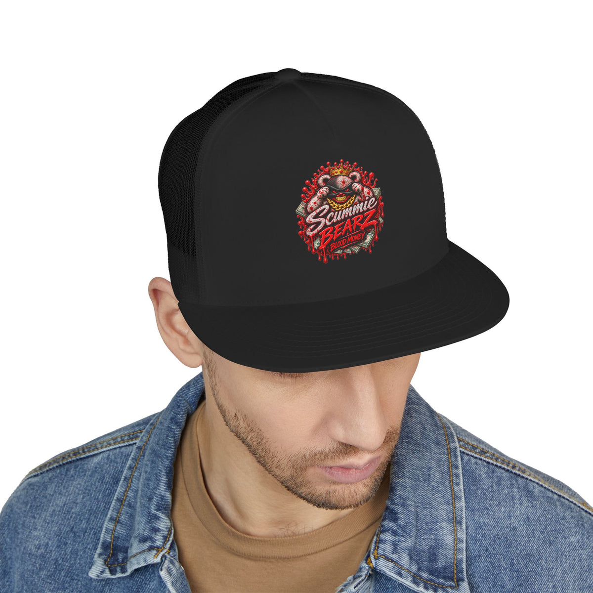 5 Panel Trucker Cap-	RED BLOOD MONEY MASK LOGO-SCUMMIEBEARZ™