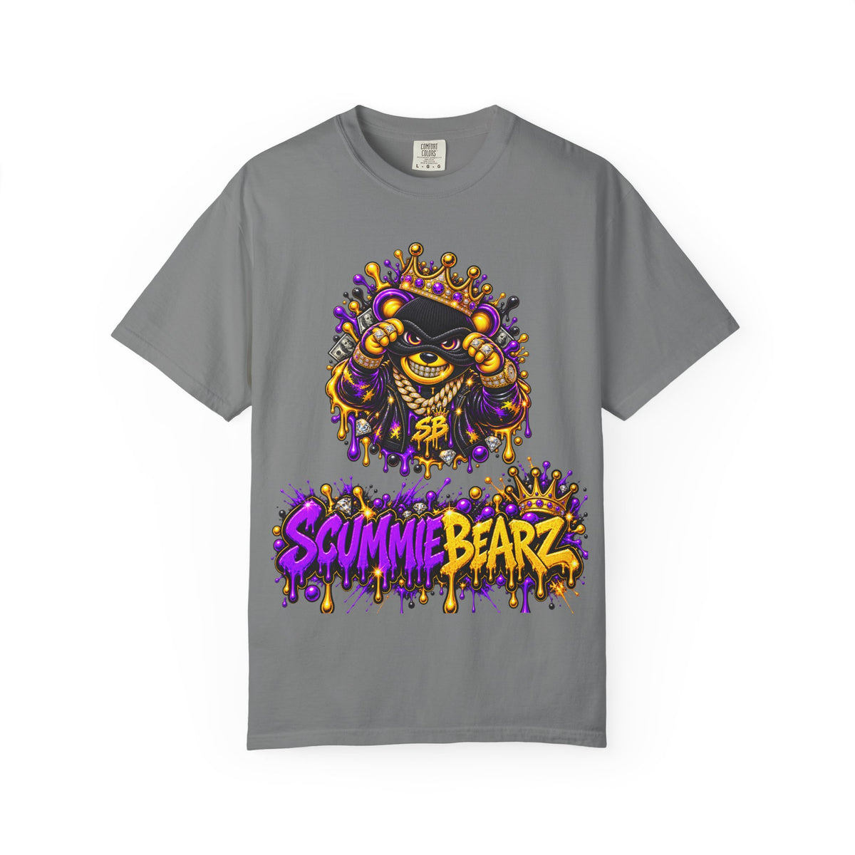 Unisex Garment-Dyed T-shirt-PURPLE&GOLD CROWN MASK LOGO GET SERVED CROWN SB LOGO-SCUMMIEBEARZ™