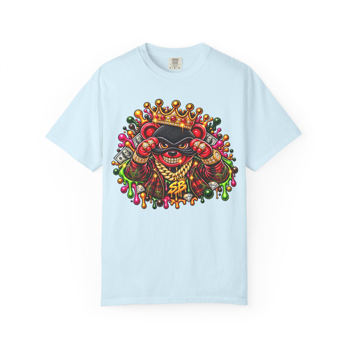 Unisex Garment-Dyed T-shirt-RED&GOLD CROWN MASK LOGO MONEY GLOCK -SCUMMIEBEARZ™