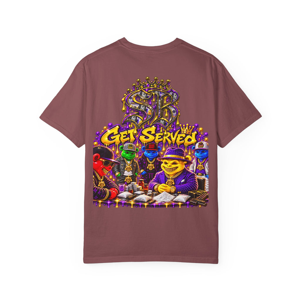 Unisex Garment-Dyed T-shirt-PURPLE&GOLD CROWN MASK LOGO GET SERVED CROWN SB LOGO-SCUMMIEBEARZ™
