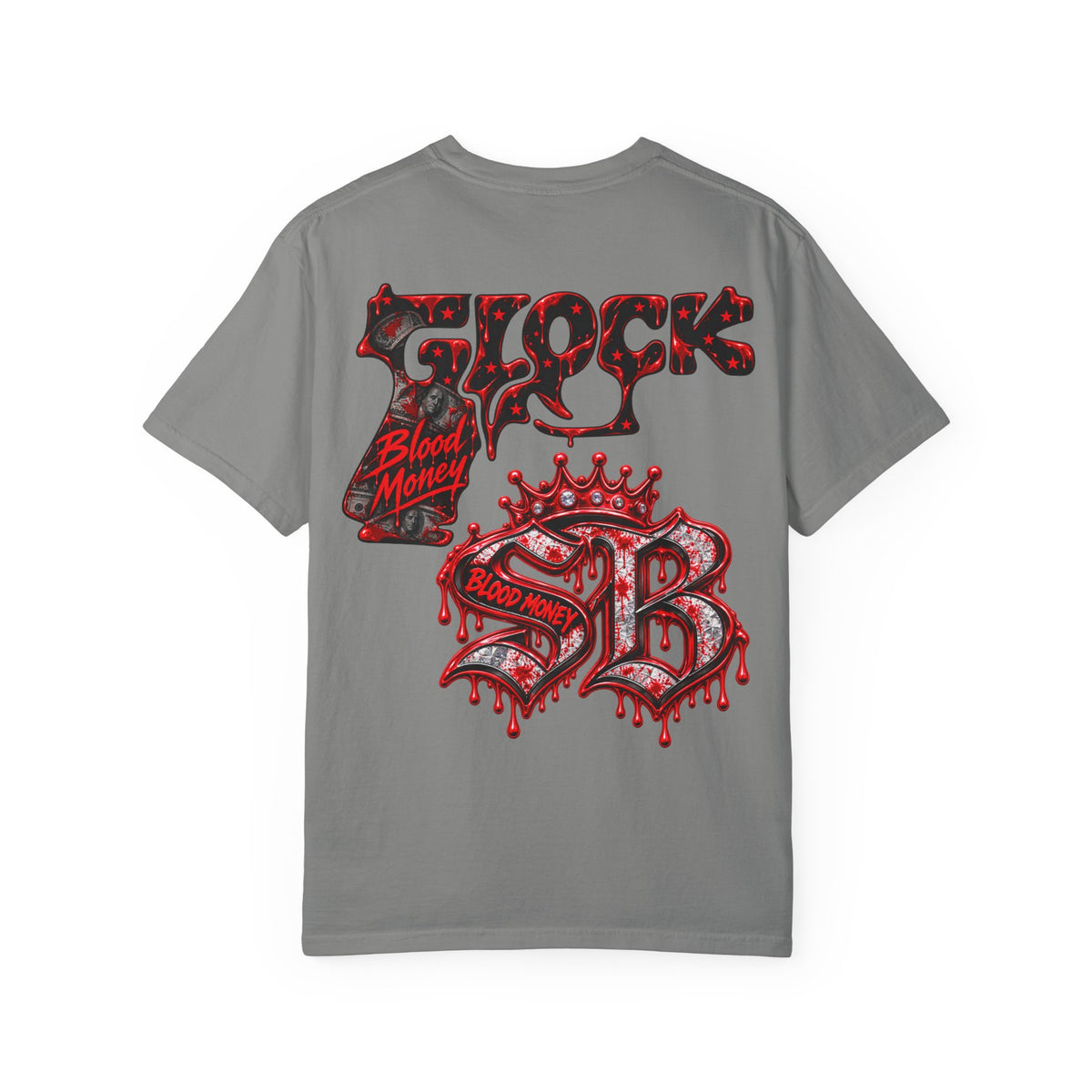 Unisex Garment-Dyed T-SHIRT-BLOOD MONEY GLOCK/SB LOGO/MASK LOGO-SCUMMIEBEARZ™