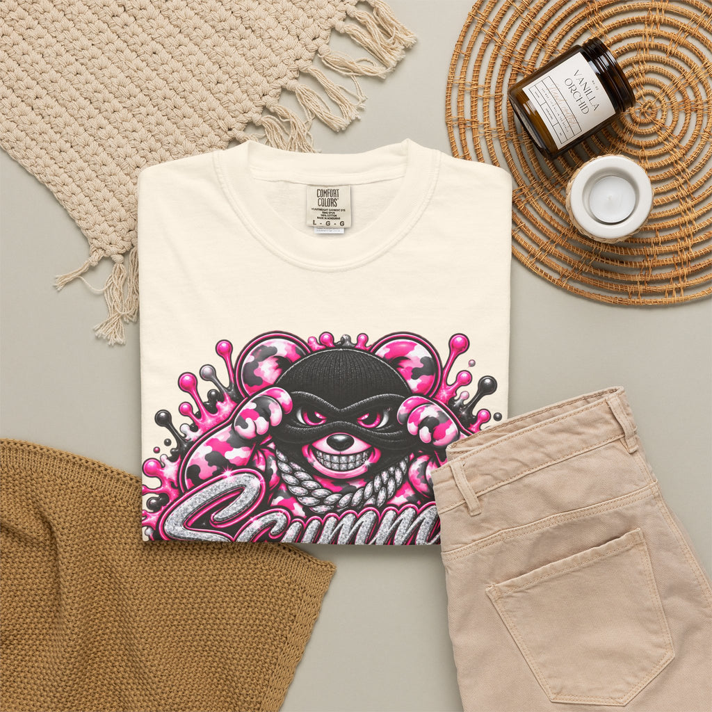 Unisex Garment-Dyed T-shirt-PINK CAMO MASK LOGO GLOCK -SCUMMIEBEARZ™