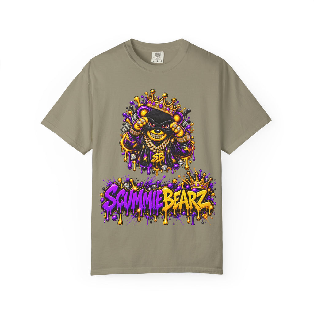 Unisex Garment-Dyed T-shirt-PURPLE&GOLD CROWN MASK LOGO GET SERVED CROWN SB LOGO-SCUMMIEBEARZ™