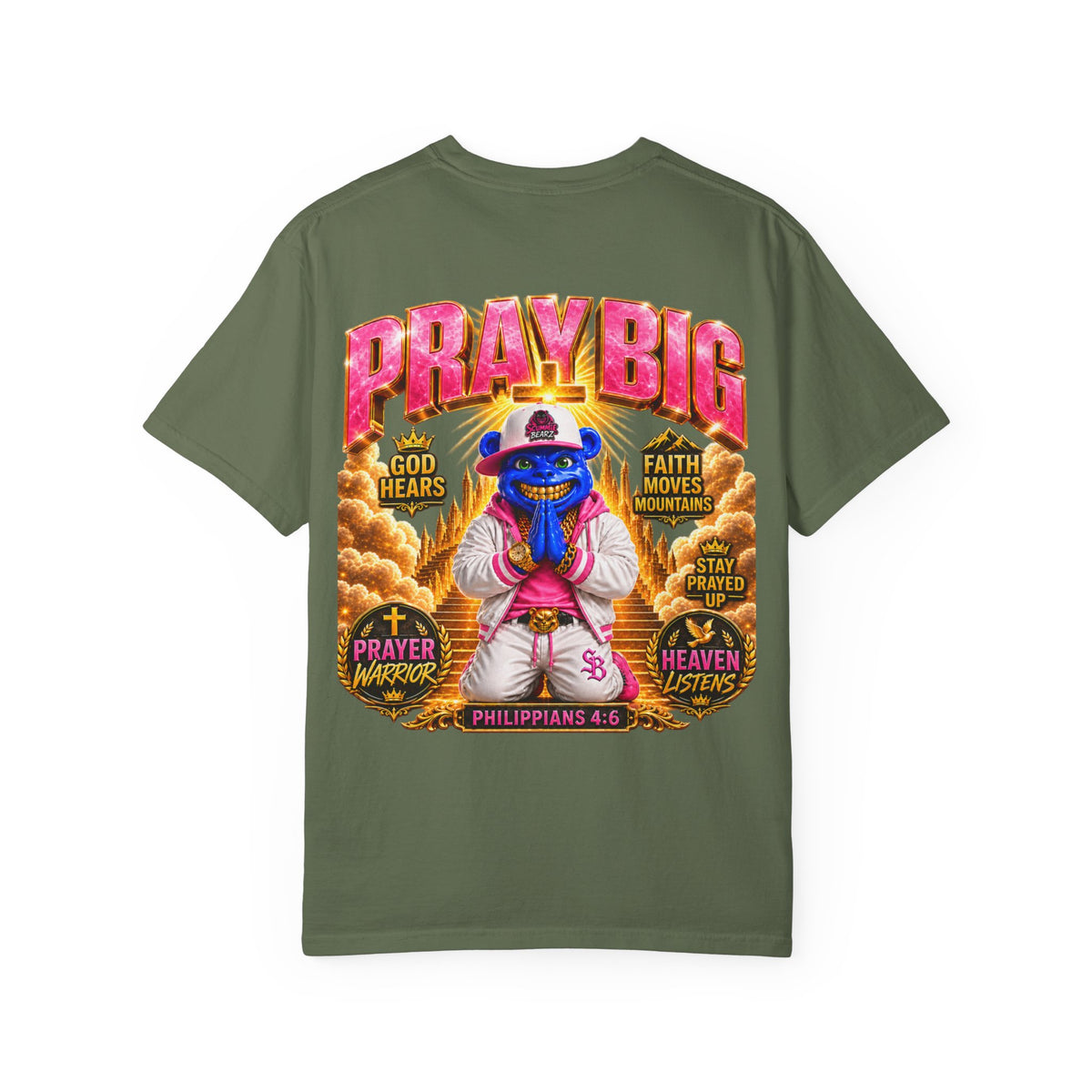 Unisex Garment-Dyed T-shirt-BLUE&PINK CROWN MASK LOGO PRAY BIG -SCUMMIEBEARZ™