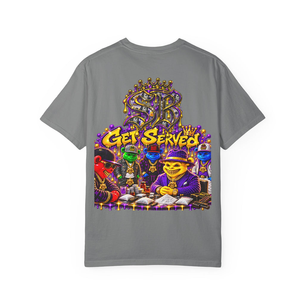 Unisex Garment-Dyed T-shirt-PURPLE&GOLD CROWN MASK LOGO GET SERVED CROWN SB LOGO-SCUMMIEBEARZ™