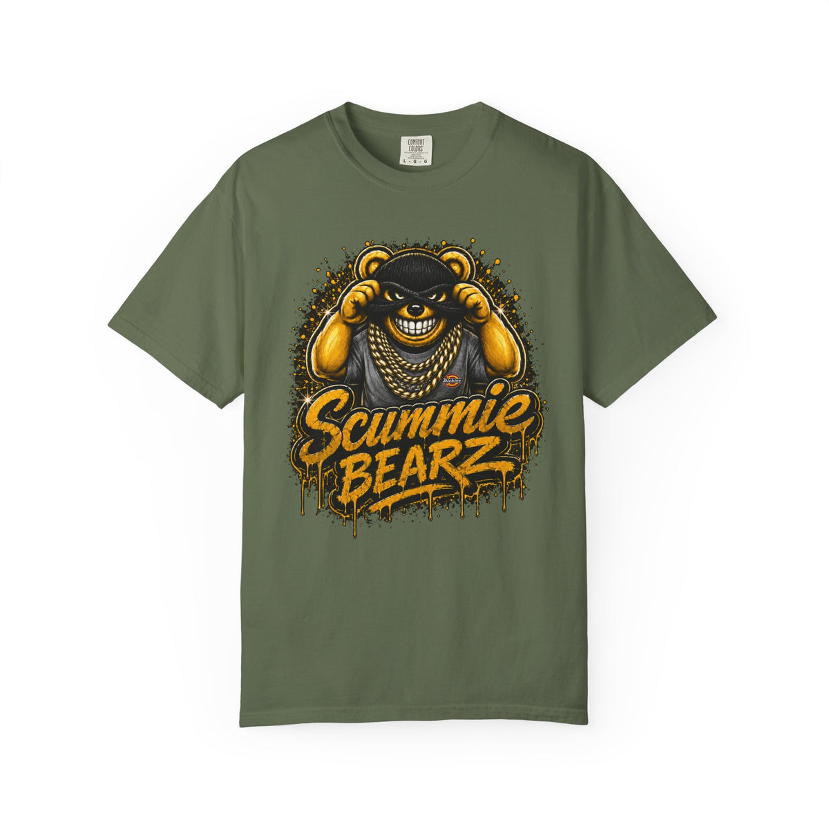 Unisex Garment-Dyed T-shirt-GOLD MASK LOGO & BANK HEIST GRAPHIC DESIGN -SCUMMIEBEARZ™