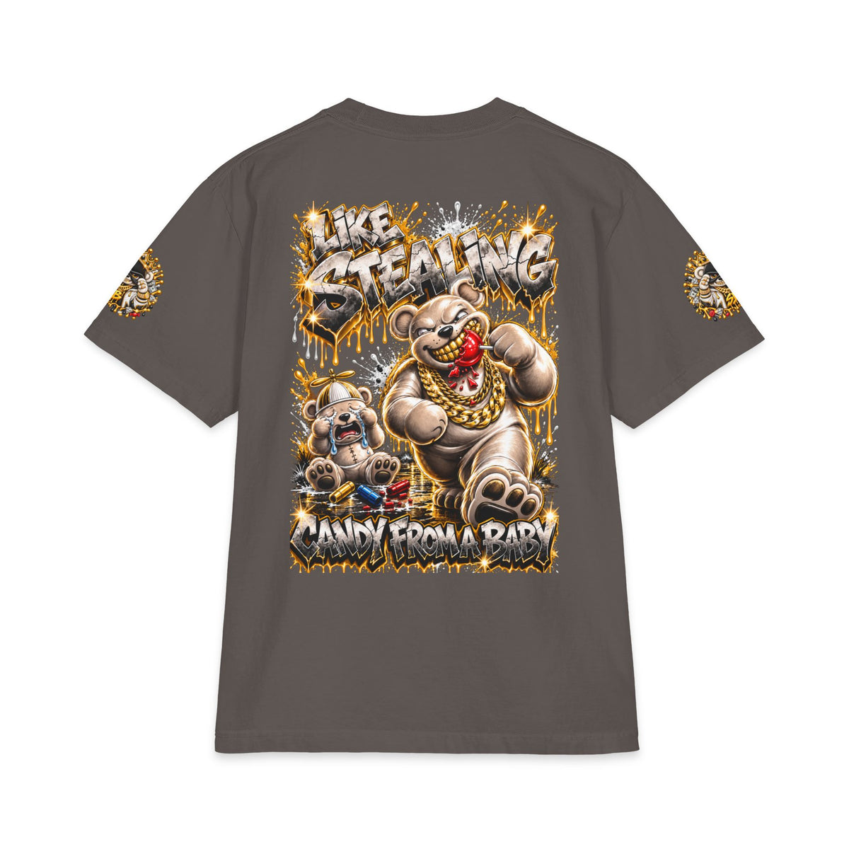 Like Stealing Candy from a Baby — White & Gold Edition | SCUMMIEBEARZ™ Shaka Wear Heavyweight Tee