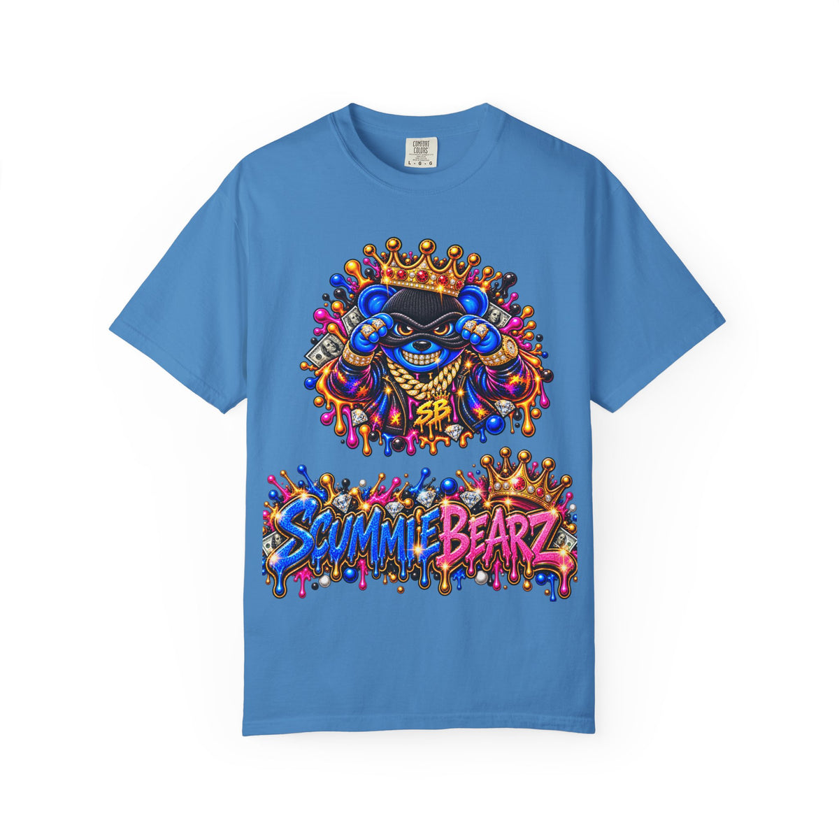 Unisex Garment-Dyed T-shirt-BLUE&PINK CROWN MASK LOGO MONEY GLOCK CROWN SB LOGO-SCUMMIEBEARZ™