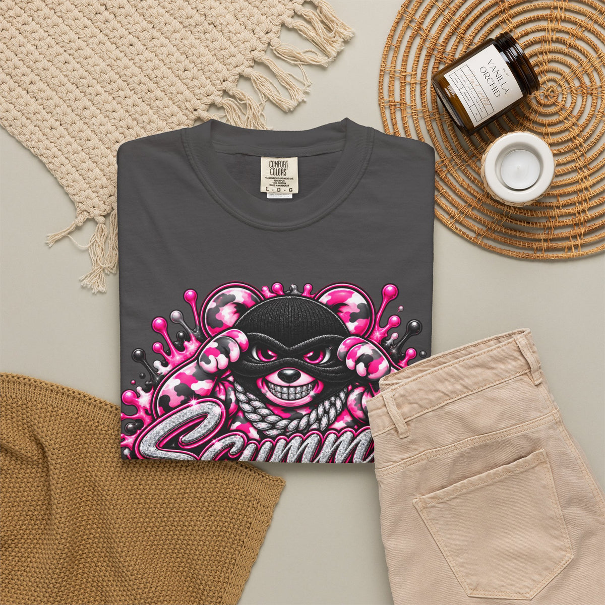 Unisex Garment-Dyed T-shirt-PINK CAMO MASK LOGO GLOCK -SCUMMIEBEARZ™