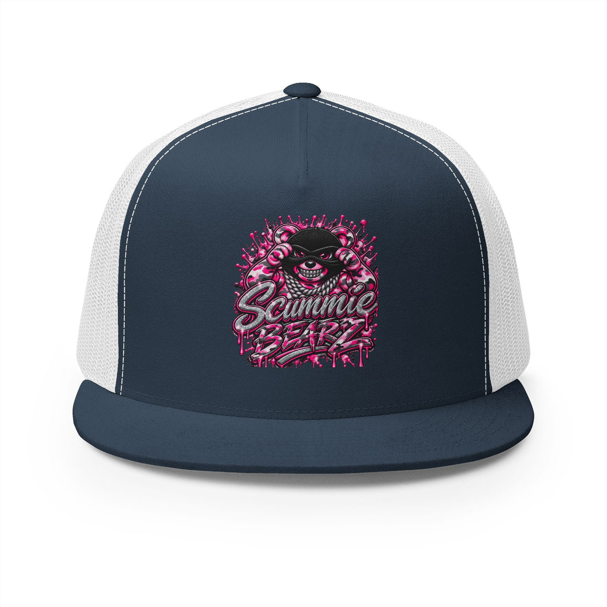 5 Panel Trucker Cap-PINK CAMOUFLAGE WITH SILVER MASK LOGO-SCUMMIEBEARZ™