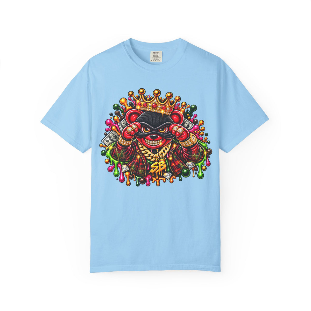 Unisex Garment-Dyed T-shirt-RED&GOLD CROWN MASK LOGO MONEY GLOCK -SCUMMIEBEARZ™