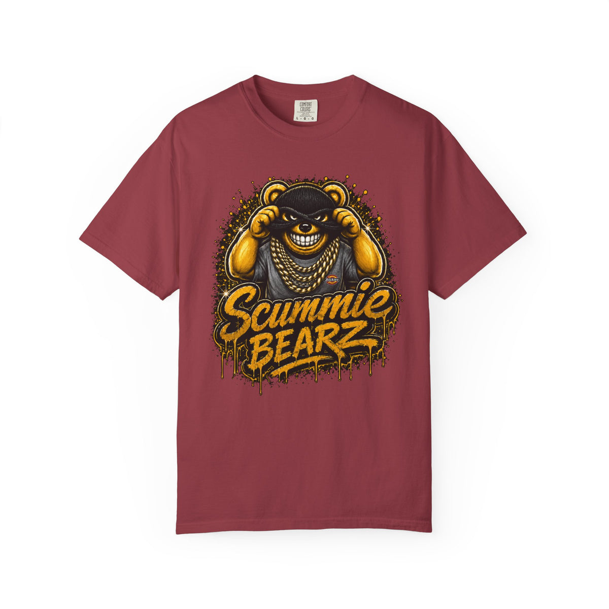 Unisex Garment-Dyed T-shirt-GOLD MASK LOGO & BANK HEIST GRAPHIC DESIGN -SCUMMIEBEARZ™