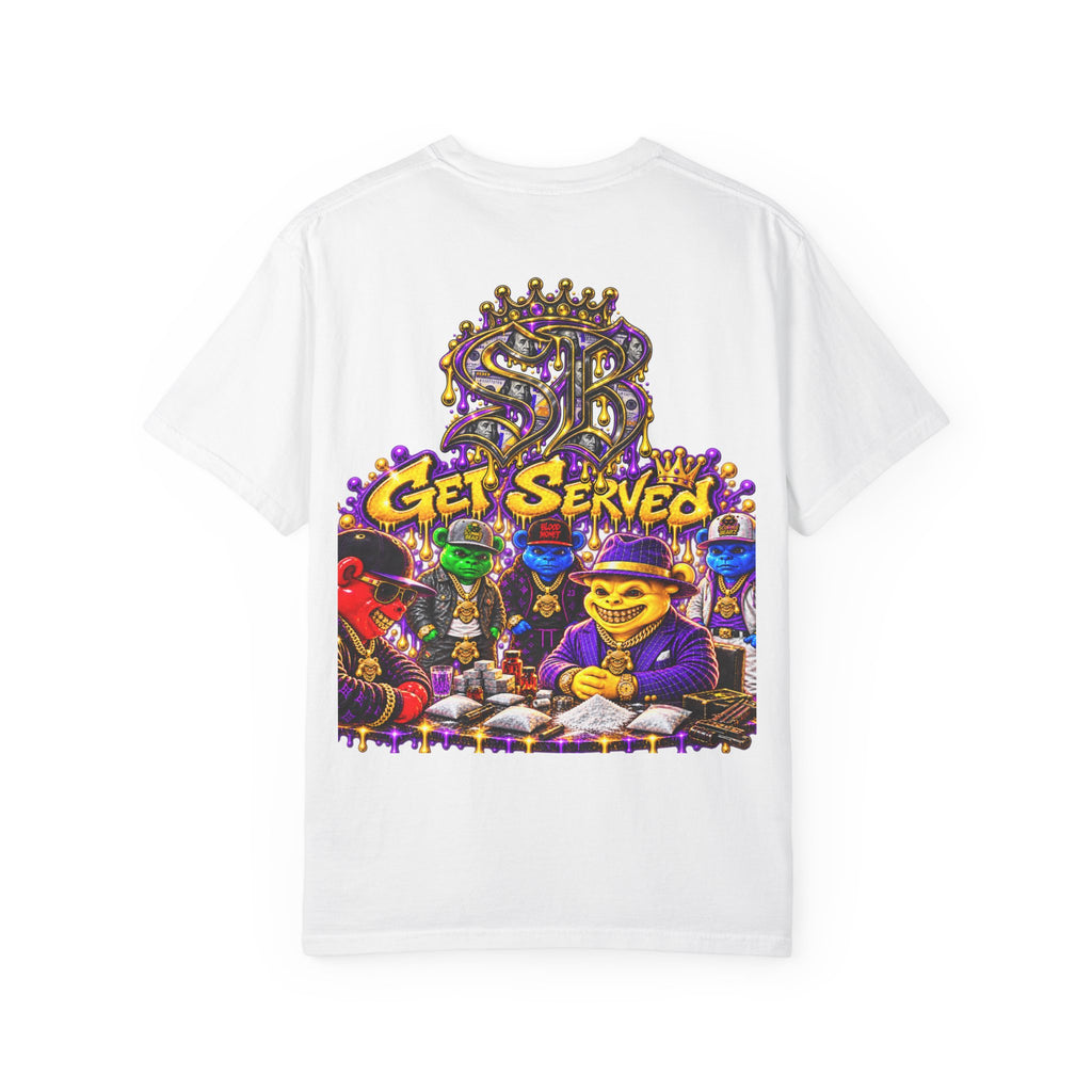 Unisex Garment-Dyed T-shirt-PURPLE&GOLD CROWN MASK LOGO GET SERVED CROWN SB LOGO-SCUMMIEBEARZ™