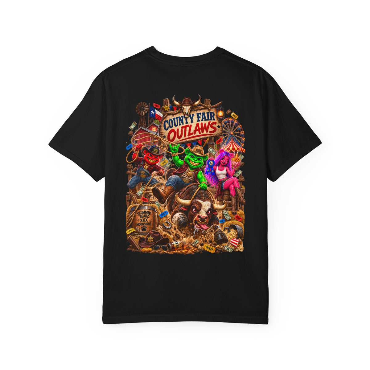 Unisex Garment-Dyed T-shirt--HILLBILLY COUNTY FAIR OUTLAWS/CROWN SB LOGO-SCUMMIEBEARZ™️