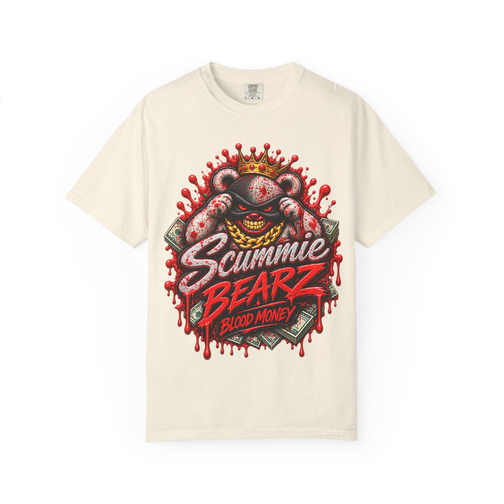 Unisex Garment-Dyed T-SHIRT-BLOOD MONEY GLOCK/SB LOGO/MASK LOGO-SCUMMIEBEARZ™