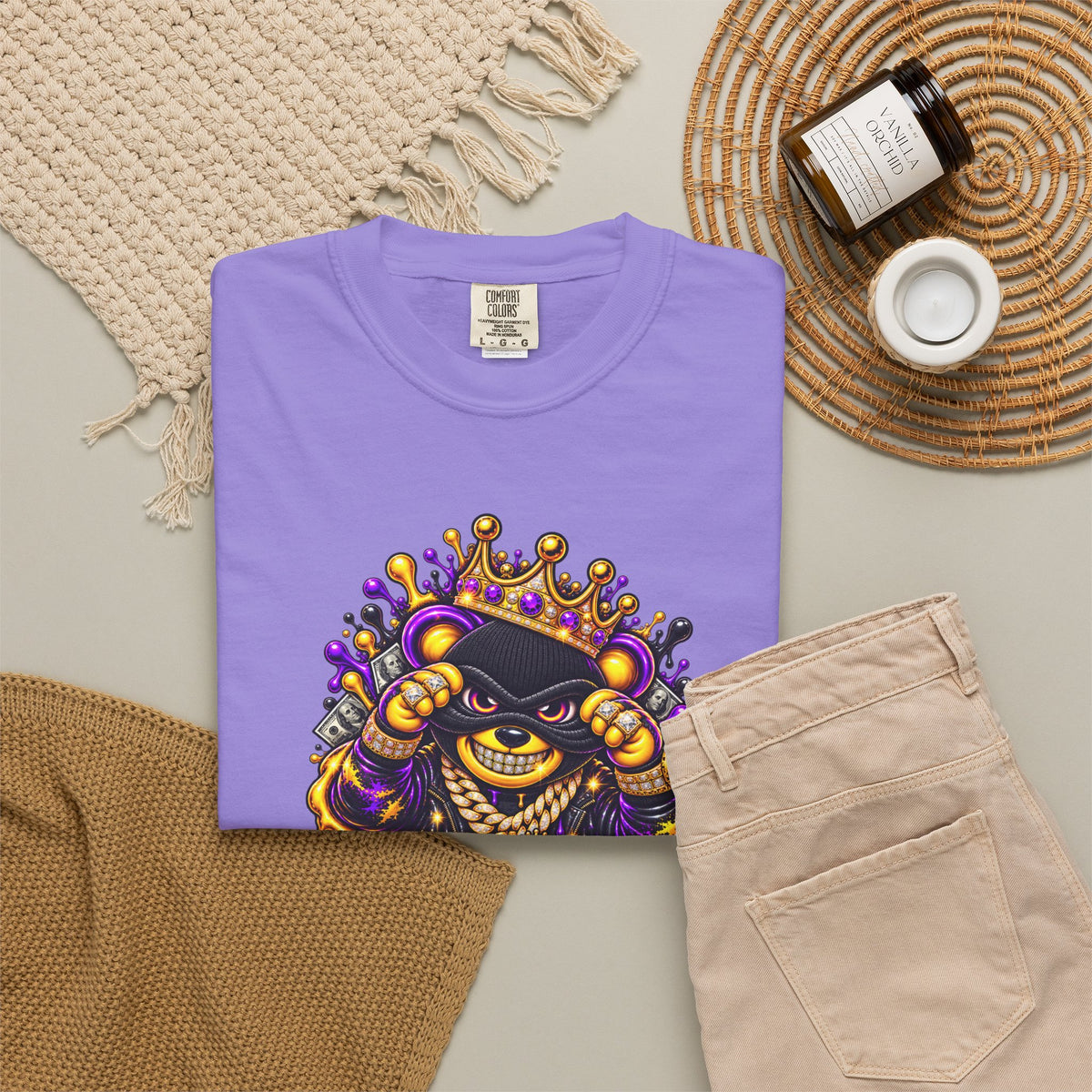 Unisex Garment-Dyed T-shirt-PURPLE&G9D CROWN MASK LOGO TRAP HOUSE MEET-SCUMMINGBEARZ™