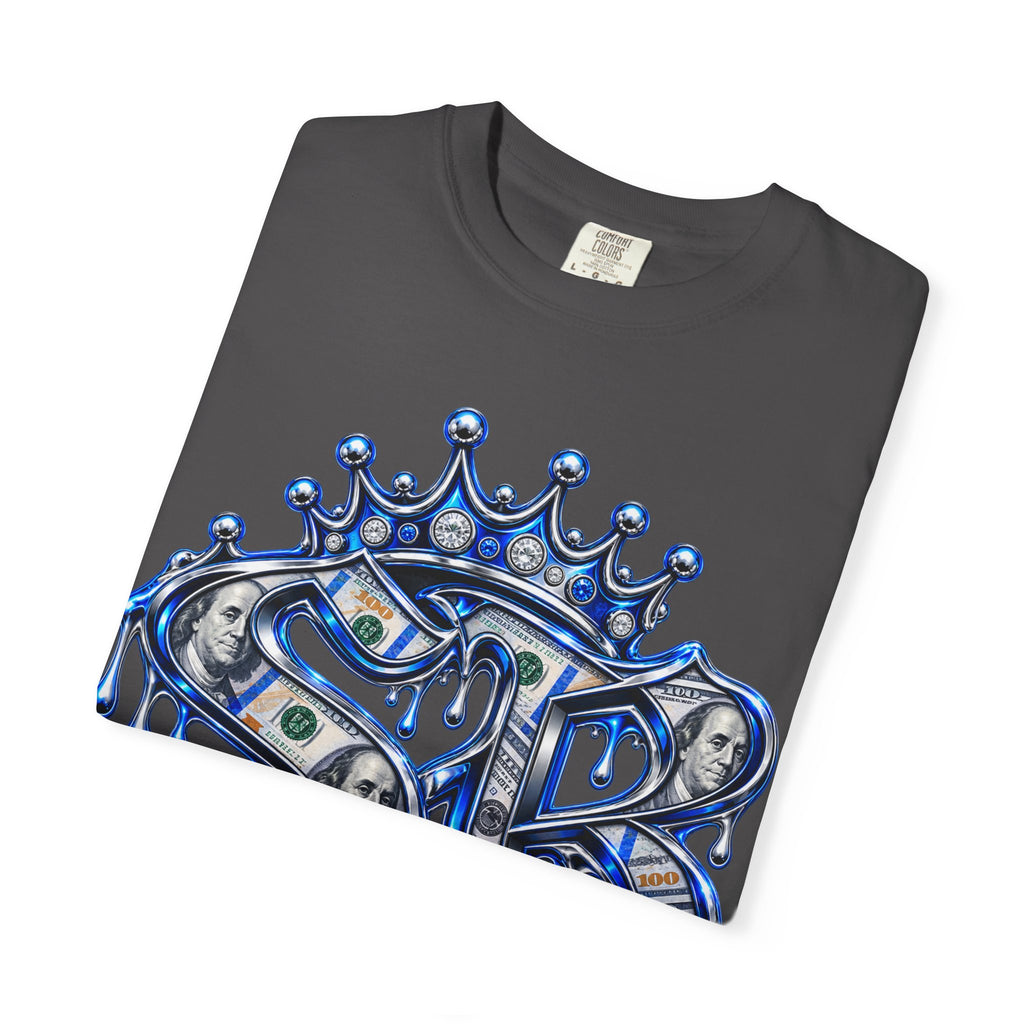 Unisex Garment-Dyed T-shirt-BLUE CROWN MASK LOGO PAPER CHASER MONEY IS THE MOTIVE-SCUMMIEBEARZ™