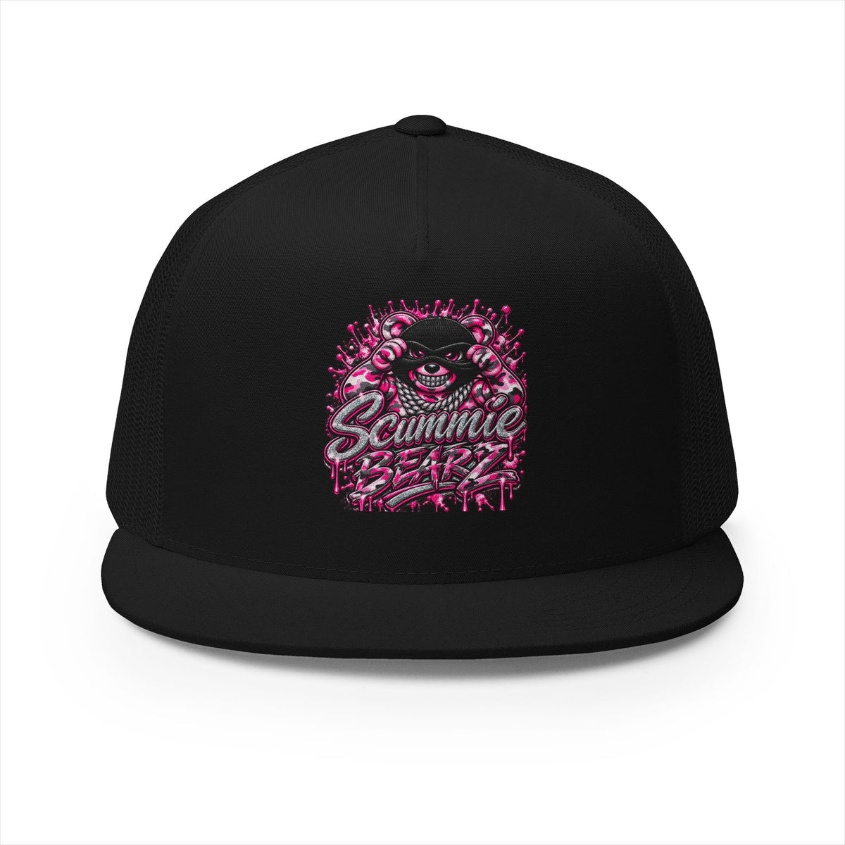 5 Panel Trucker Cap-PINK CAMOUFLAGE WITH SILVER MASK LOGO-SCUMMIEBEARZ™